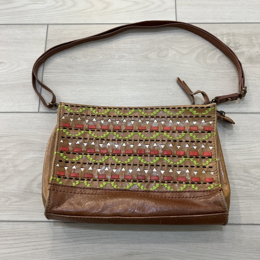 The Sak Embroidered Brown Leather Purse Shoulder Handbag 10"x7"‎